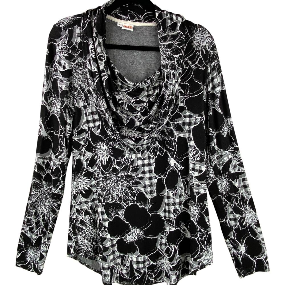 Tianello Art To Wear Tunic Top Size M Black White Floral Jersey Knit